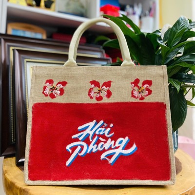 Túi đay vẽ tay logo Hải Phòng 35x30x14cm